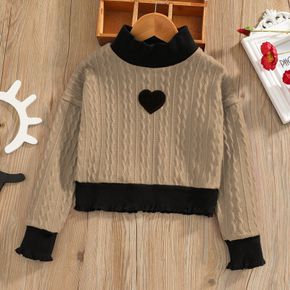 Kid Girl 100% Cotton Heart Pattern Turtleneck Colorblock Cable Knit Sweater