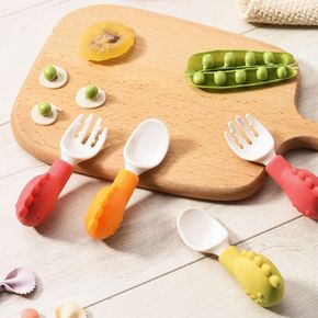 1-pair Short Handle Silicone Self-Feeding Spoon Fork Set Baby Toddler Training Utensils Set for Self-Training