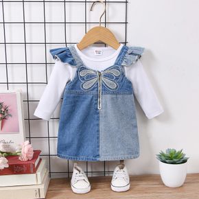 2pcs Baby Girl Dragonfly Embroidered Ruffle Trim Colorblock Denim Overall Dress and Long-sleeve Rib Knit Romper Set