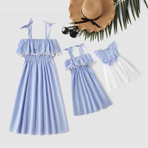 Blue and White Pinstripe Off Shoulder Matching Sling Midi Dresses