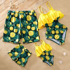 Family Look Lemon Print Ruffle One-piece Matching Swimsuits