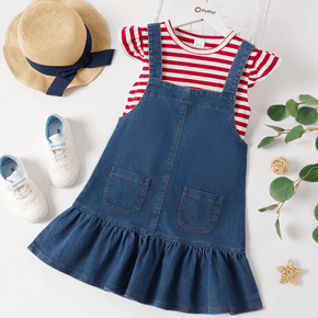 2-piece Kid Girl Flutter-sleeve Stripe Tee and Ruffle Hem Denim Overall Dress Set