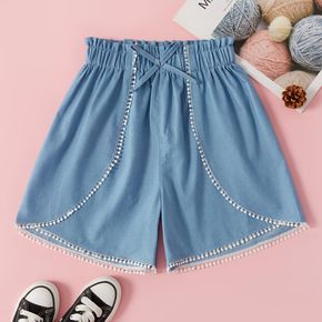 Kid Girl 100% Cotton Tassel Trim Design Bowknot Decor Denim Paperbag Shorts