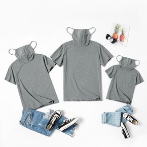 Solid Grey Cotton Short Sleeve T-shirts with Attached Face Mask