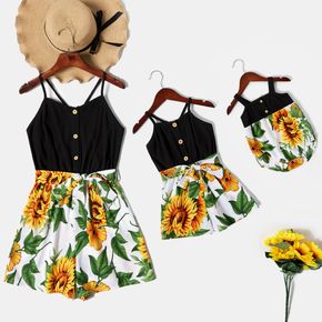 Sunflower Pattern Matching Stitching Sling Shorts Rompers