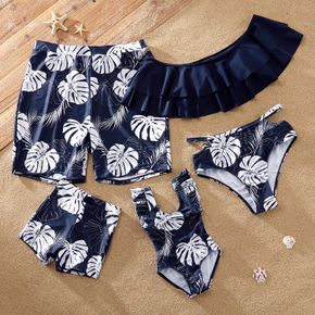 Family Look Leaf Print Solid Ruffle Top Matching Swimsuits