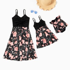 Black Splice Floral Print Sling Dresses for Mommy and Me