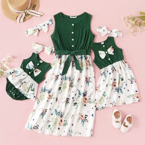 Cotton Floral Print Splice Sleeveless Matching Green and White Midi Tank Dresses