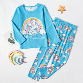 2-piece Kid Girl Pajamas Set, Unicorn Cloud Letter Print Long-sleeve Top and Rainbow Print Elasticized Pants Sleepwear Set