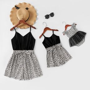 Black Splice Leopard Print Sling Rompers for Mommy and Me
