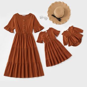100% Cotton Solid Color Ruffle Cuff Matching Brown Midi Dresses