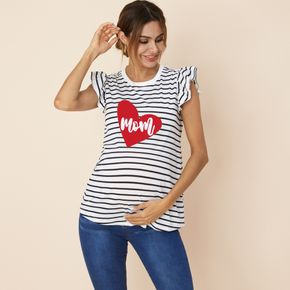 Pretty Maternity Striped Love Print Ruffle-sleeve Tee