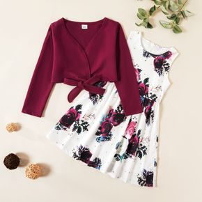 Kids Girl Solid Bowknot Top and Floral Allover Dress Set