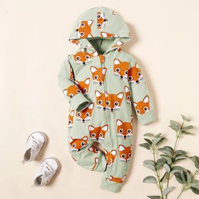 Fox Allover Hooded Long-sleeve Green Baby Jumpsuit
