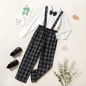 3-piece Kid Boy Long-sleeve White Shirt, Plaid Overalls and Bow tie Party Suits Set