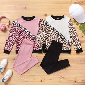 2-piece Kid Girl Letter Leopard Print Cold Shoulder Long-sleeve Top and Solid Leggings Set