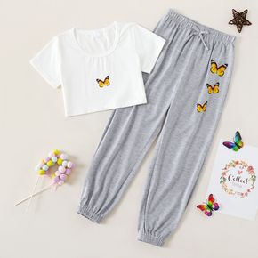 2-piece Kid Girl U-Collar Butterfly Print T-shirt and Elasticized Pants
