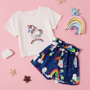 2-piece Kid Girl Unicorn Rainbow Print Short-sleeve and Belted Stars Print Shorts Set
