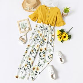 Kid Girl Round-collar Bell sleeves Floral Print Splice Jumpsuits