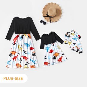 Dinosaur Print Splicing Black Round Neck 3/4 Sleeve Dress for Mom and Me