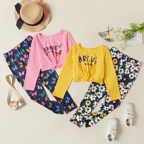 2-piece Kid Girl Twist Knot Letter Butterfly/Letter Print Long-sleeve Top and Butterfly/Floral Print Leggings