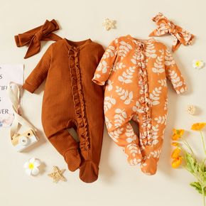 2-piece Baby Girl Ruffled Solid/Leaf Print Footed Jumpsuit Pajamas and Headband Set