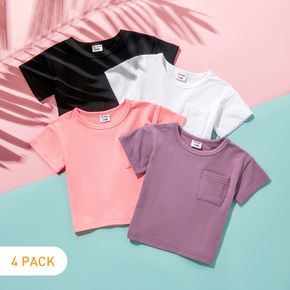 4pcs Multi Color Solid Chest Pocket Decor Short-sleeve Baby T-shirt