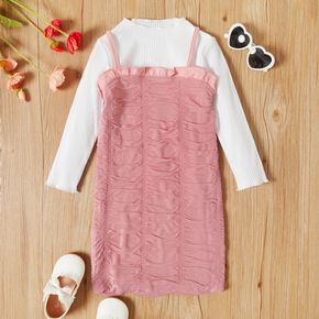 2-piece Toddler Girl Basic Ribbed White Long-sleeve Top and Ruffled Strap Bodycon Dress Set
