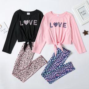 2-piece Kid Girl Letter Heart Print Tie Knot Long-sleeve Top and Leopard Leggings Set