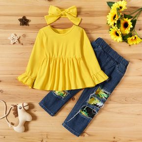 2-piece Baby / Toddler Ruffled Solid Top and Sunflower Denim Pants Set