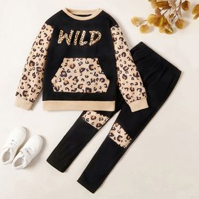 2-piece Kid Girl Letter Leopard Print Front-pocket Sweatshirt and Pants Set