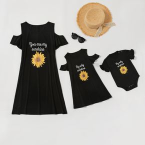 Sunflower Pattern Matching Black Mini Dresses