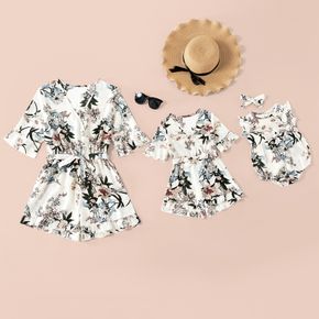 Floral Print Mid-sleeve V-neck Matching White Shorts Rompers