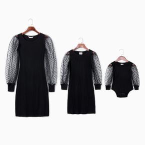 Polka Dot Mesh Sleeve Fitted Matching Black Mini Dresses