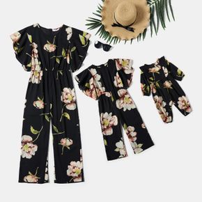 Floral Print Ruffle Sleeve Matching Black/Red Jumpsuits