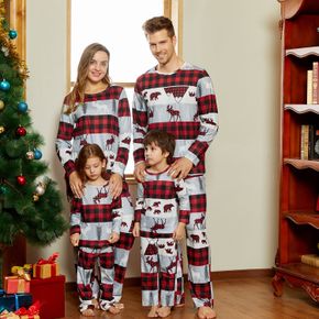 Family Matching Bear and Reindeer Print Plaid Christmas Pajamas Sets (Flame Resistant)