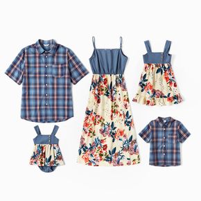 Familien Outfits Freizeit Blume blau Badeanzugkragen Sling Dünner Schultergurt Matching Sets