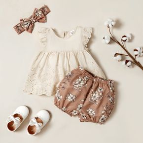 3pcs Baby Girl 100% Cotton Lace Flutter-sleeve Top and Floral Print Shorts with Headband Set