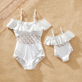 Mommy and Me Flounce Decor Mesh Stitching Solid One-piece Swimsuits