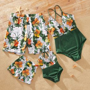 Family Look Floral Print Stitching Solid One-piece Matching Swimsuits