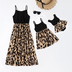 Leopard Print Splice Black Sling Dresses for Mommy and Me