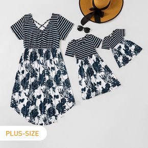 Stripe and Floral Print Short-sleeve Matching Midi Dresses