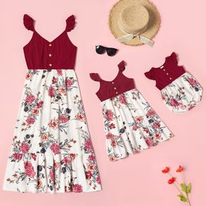 Floral Print Flutter-sleeve Matching Red Midi Sling Dresses