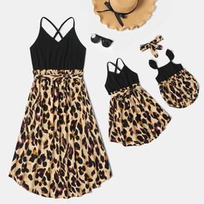 Leopard Print Sleeveless Matching Black Midi Sling Dresses