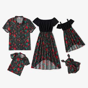 Floral Print Black Family Matching Sets(Off Shoulder Irregular Hem Dresses for Mom and Girl ; Button Front Shirts for Dad and Boy)