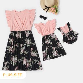 Floral Print Flutter-sleeve Matching Midi Tank Plus Size Dresses