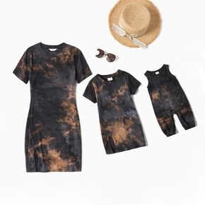 Tie-dye Dark Grey Skinny Mini Dresses for Mommy and Me(Loose Baby Rompers)