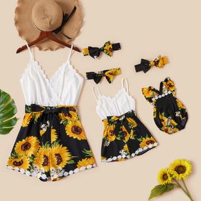 Sunflower Print Matching Sling Shorts Rompers