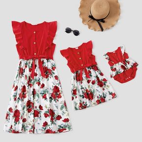 Floral Print Splice Flutter-sleeve Matching Red Midi Dresses