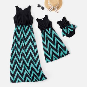 Wave Stripe Matching Stitching Maxi Tank Dresses for Mommy and Me